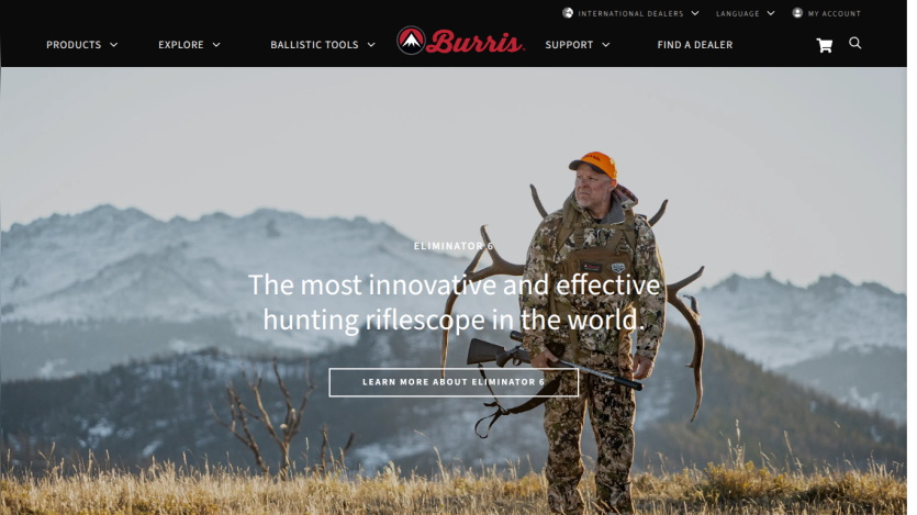 Hunting riflescope product page with a hunter in camouflage holding a rifle in a mountainous outdoor setting