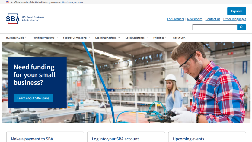 U.S. Small Business Administration homepage offering funding information for small businesses with navigation and search