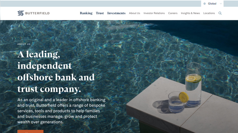 Butterfield offshore bank homepage with navigation and hero text about bespoke banking and trust services over a pool background.