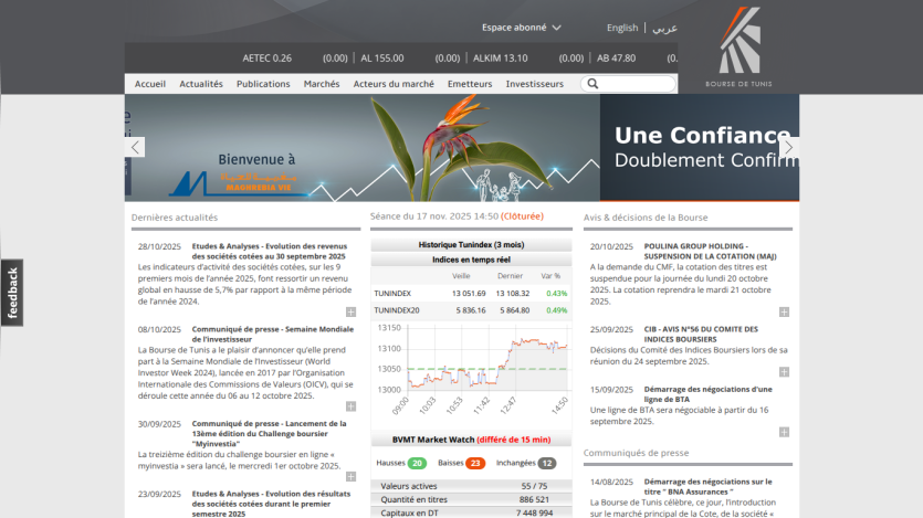 Bourse de Tunis homepage showing market indices, news updates, and welcome message for Maghrebia Vie