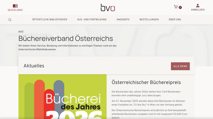 Website of Austrian Library Association with navigation bar and featured section on Austrian Library Award 2026
