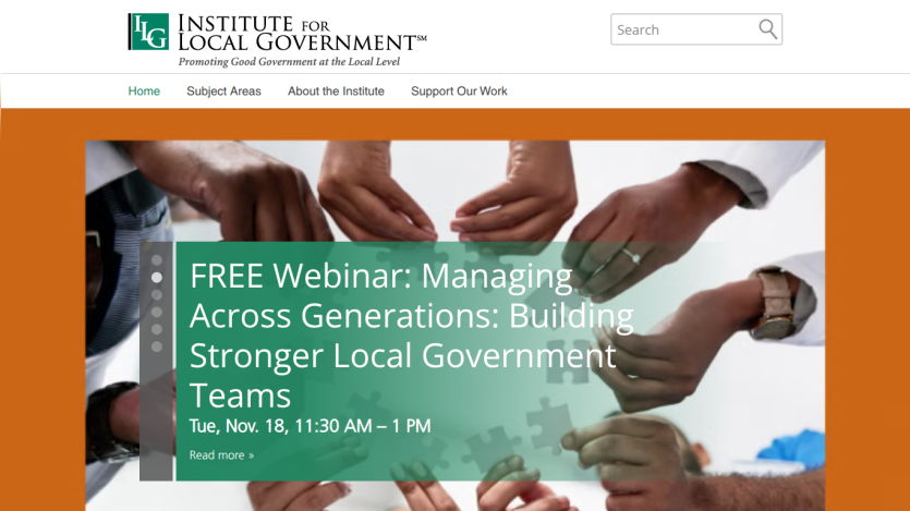 Institute for Local Government homepage with navigation and a webinar announcement on managing across generations in local government teams