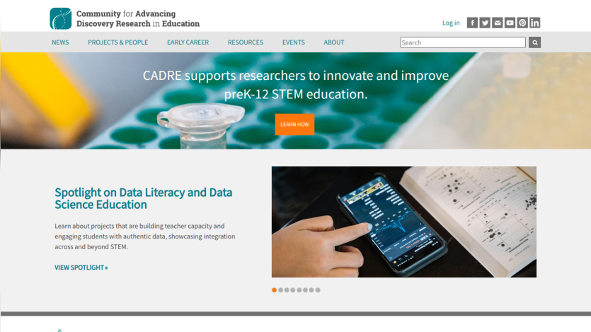 Community for Advancing Discovery Research in Education homepage promoting support for preK-12 STEM education and data literacy projects