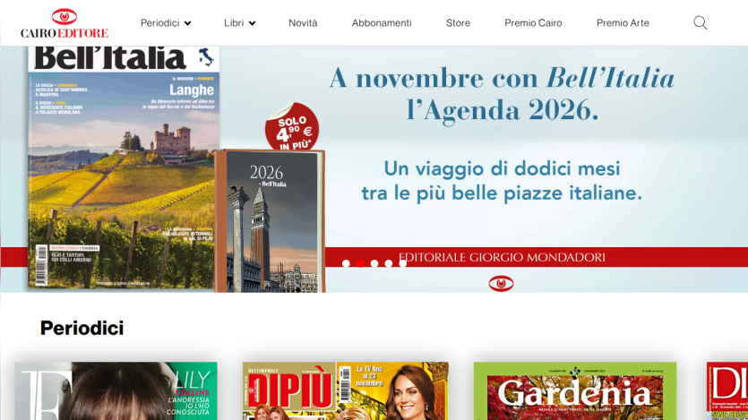 Cairo Editore homepage featuring Bell'Italia magazine and 2026 agenda promotion with navigation menu