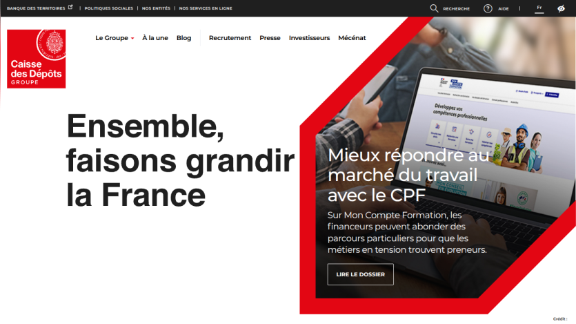 Homepage of Caisse des Dépôts with a call to action about growing France together.
