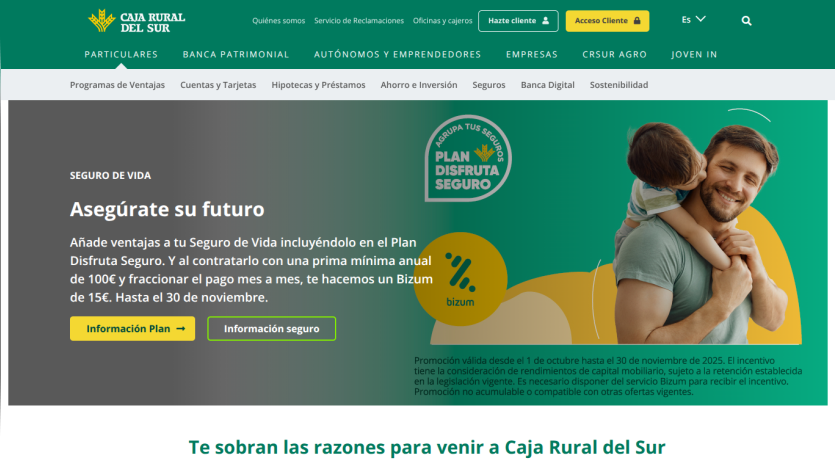 Caja Rural del Sur homepage showing 2% guaranteed savings yield offer with family image and navigation menu