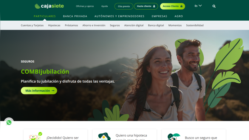 Bank website homepage featuring retirement insurance promotion with smiling couple and navigation menu
