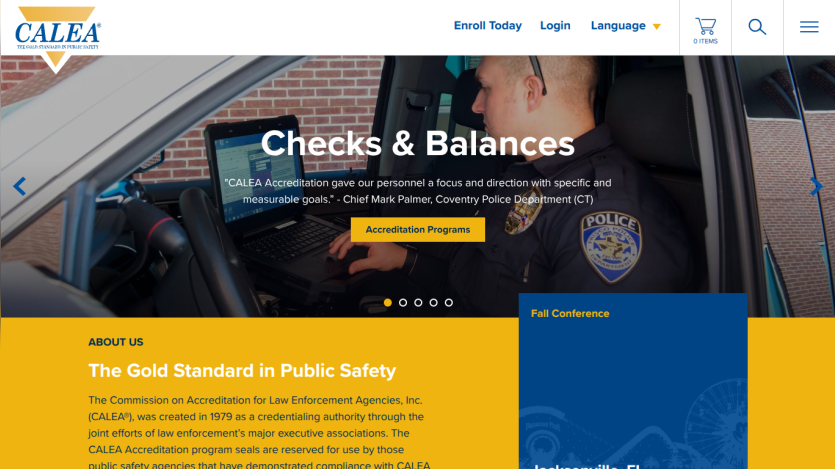 CALEA homepage featuring public safety accreditation with testimonial and links to programs and conference