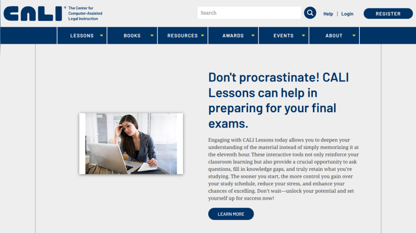 CALI website homepage offering lessons to help prepare for final exams with a call to action button