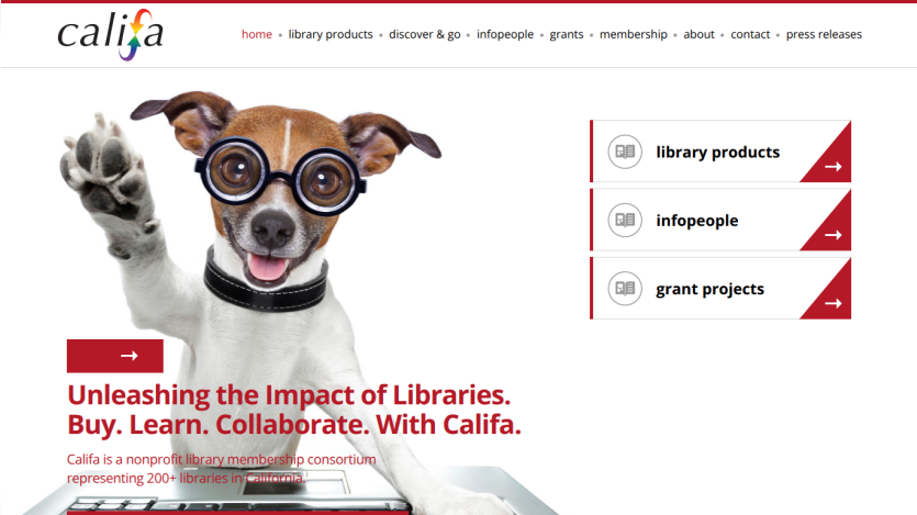 Califa nonprofit library consortium homepage with navigation and a dog wearing glasses, promoting library collaboration