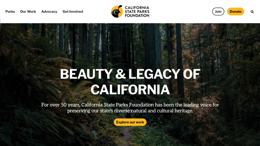 California State Parks Foundation homepage with a forest background and text about preserving California's natural and cultural heritage