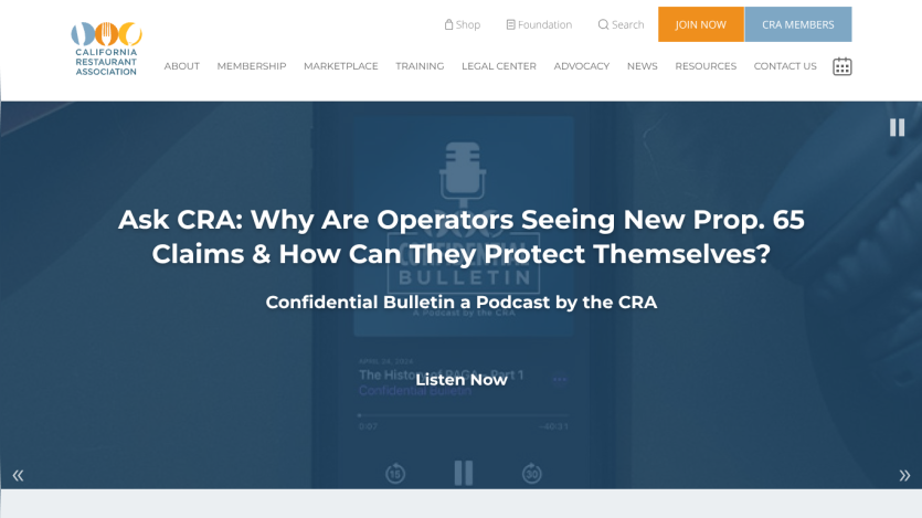 California Restaurant Association homepage with podcast headline about Prop. 65 claims and navigation menu