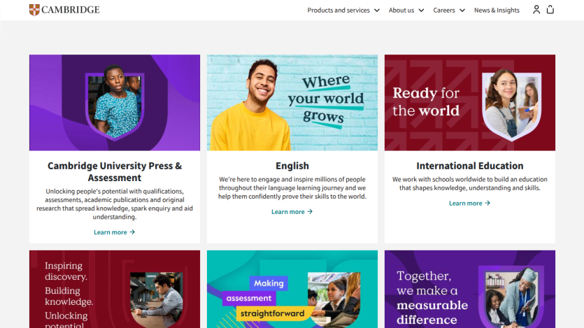 Cambridge University Press homepage featuring educational programs and insights.