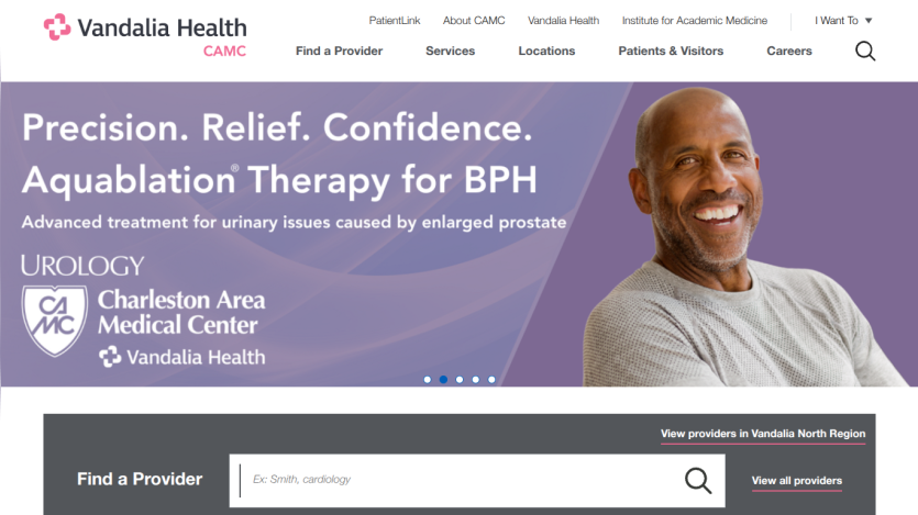 Vandalia Health homepage offering advanced treatment for urinary issues with navigation and provider search