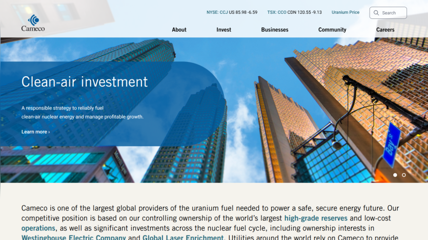 Clean-air investment page with headline, subtext about uranium fuel and nuclear energy, and skyscraper background image