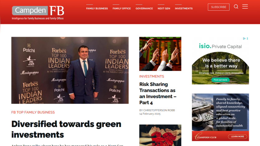 Campden FB website with articles on green investments and risk sharing transactions, plus family wealth education ads