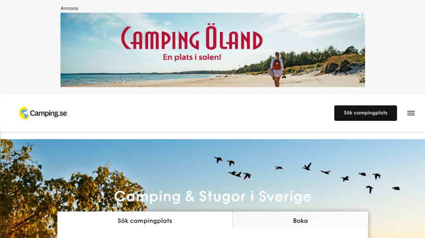 Camping.se homepage with a scenic sky and birds, featuring search options for camping and cottages in Sweden
