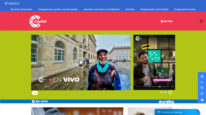 Government site with navigation bar and live video section featuring a smiling man outdoors and a promotional image for Bogotaneidad