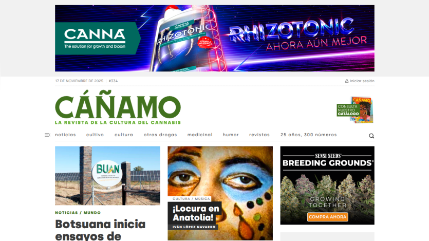 CÁÑAMO cannabis culture magazine homepage with news articles, navigation menu, and cannabis-related ads