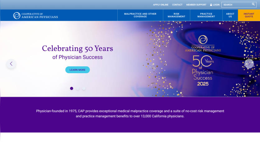 Cooperative of American Physicians celebrating 50 years of physician success with navigation and call to action