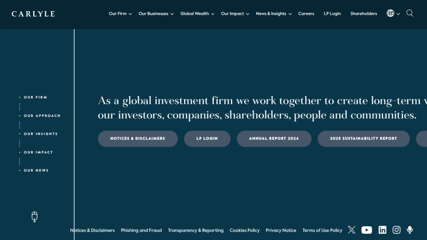 Carlyle Group homepage featuring navigation and a mission statement about investment collaboration.