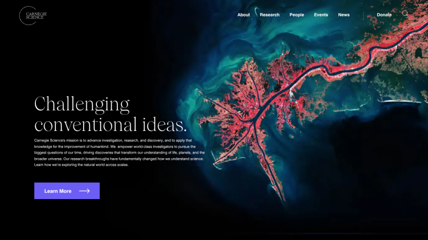 Homepage featuring a map with the text 'Challenging conventional ideas.' and a 'Learn More' button.