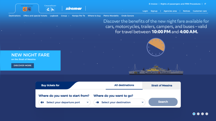 Ferry service homepage promoting new night fare for vehicles with ticket search for departure and destination ports