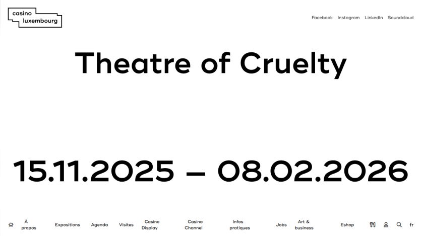 Casino Luxembourg event Theatre of Cruelty from 15.11.2025 to 08.02.2026 with navigation menu and social links