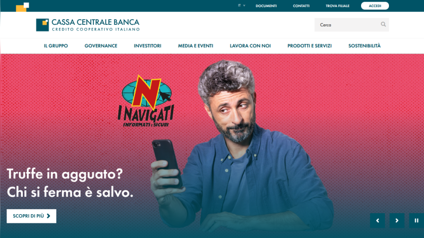 Cassa Centrale Banca homepage with navigation menu and hero section warning about scams with call to action button