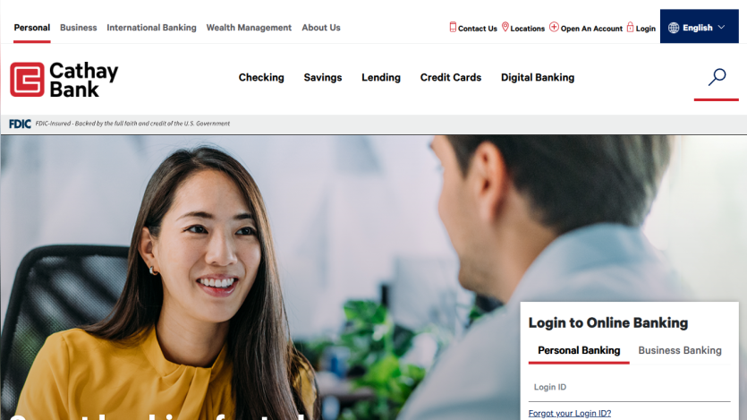 Cathay Bank homepage with navigation menu, hero image of two people talking, and online banking login form