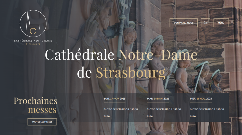 Homepage of Cathédrale Notre-Dame de Strasbourg showing upcoming mass schedule and navigation options