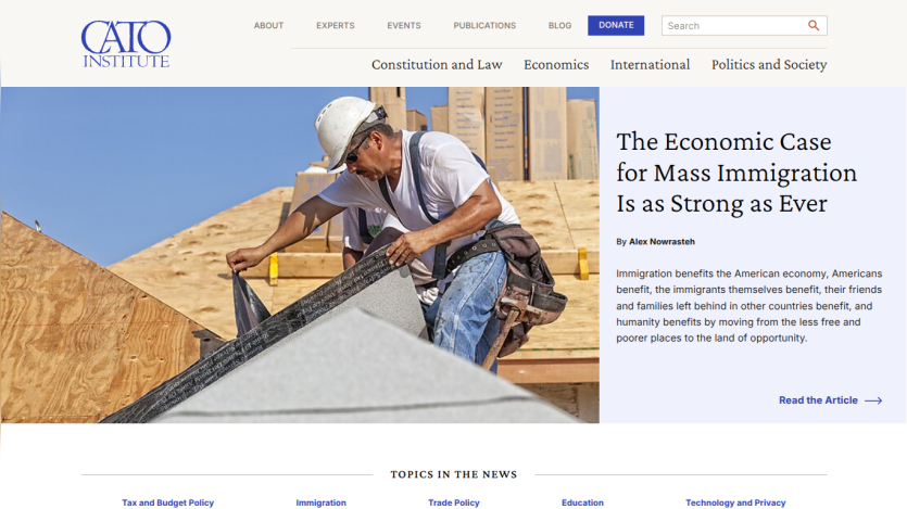 Article on the economic benefits of mass immigration with an image of a construction worker.