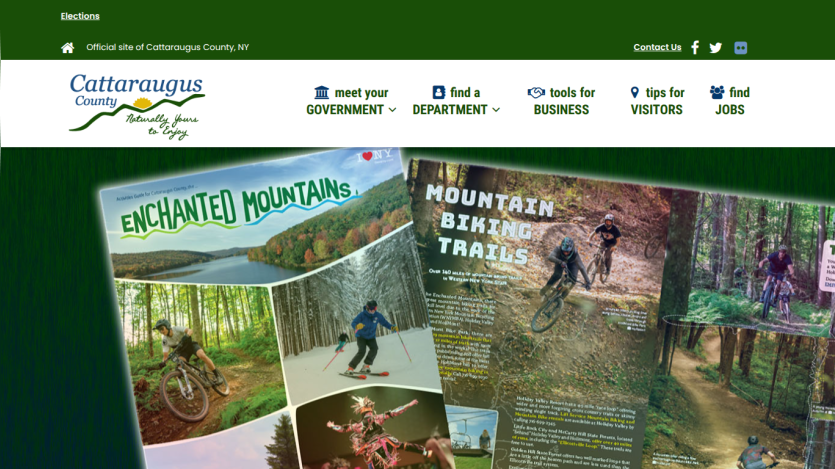 Cattaraugus County official site with navigation and promotional images of outdoor activities like mountain biking and skiing