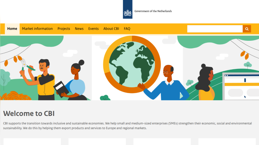 Homepage of CBI with a welcoming message and illustrations of diverse people and a globe.