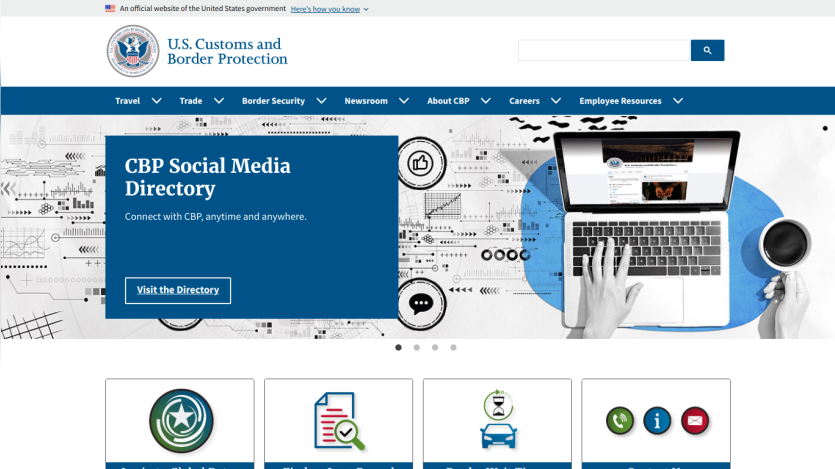 U.S. Customs and Border Protection homepage featuring social media directory and navigation options.