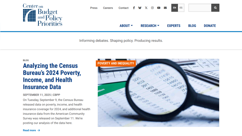 Homepage of the Center on Budget and Policy Priorities featuring a report on poverty and health insurance data.