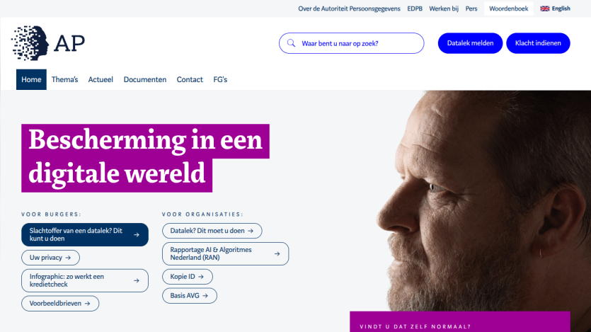 Website header with navigation and hero section titled 'Protection in a digital world' offering resources for citizens and organizations