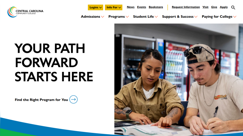 Central Carolina Community College homepage with navigation and a hero section showing two students studying and text 'Your Path Forward Starts Here'