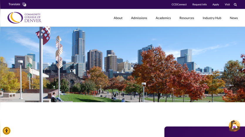 Community College of Denver homepage with navigation links and a teacher explaining math equations on a whiteboard