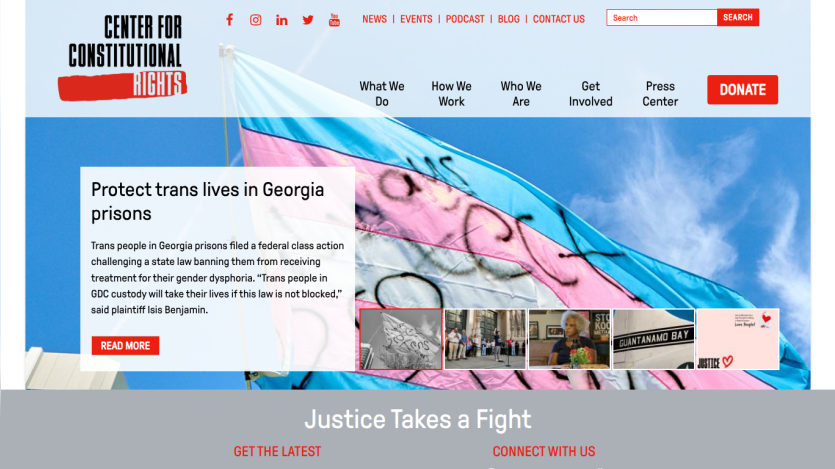 Homepage of the Center for Constitutional Rights featuring a call to protect trans lives in Georgia prisons.