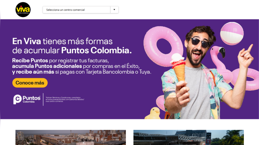 Viva Centro Comercial offers ways to accumulate Puntos Colombia with purchases and payments using specific cards