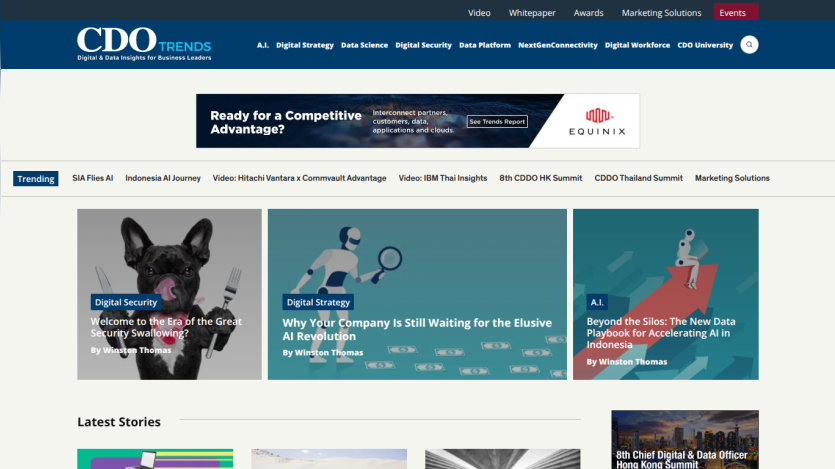 CDO Trends website homepage with navigation, trending topics, and featured articles on AI, digital security, and strategy.