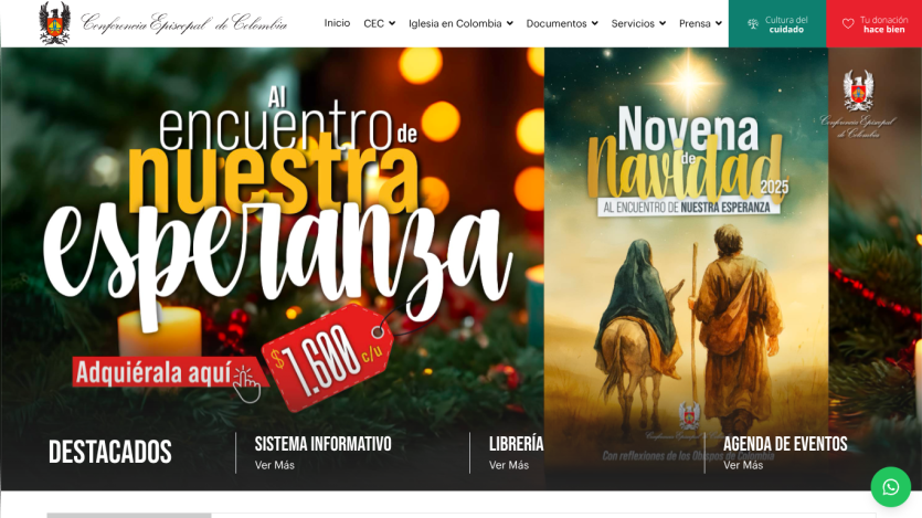 Website header and hero section promoting 'Al encuentro de nuestra esperanza' and 'Novena de Navidad 2025' with event and bookstore links