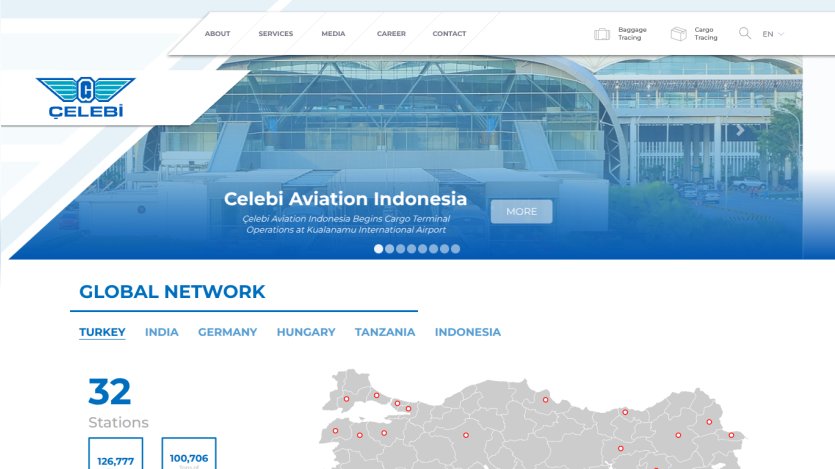Celebi Aviation Indonesia homepage showing cargo terminal operations announcement and global network with 32 stations in Turkey.