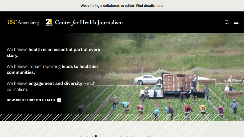 USC Annenberg Center for Health Journalism homepage with mission statements and farm workers in the hero image