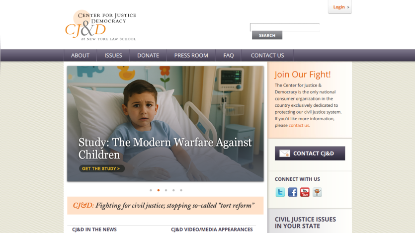 Center for Justice & Democracy homepage with navigation, hero image about modern warfare against children, and call to join the fight