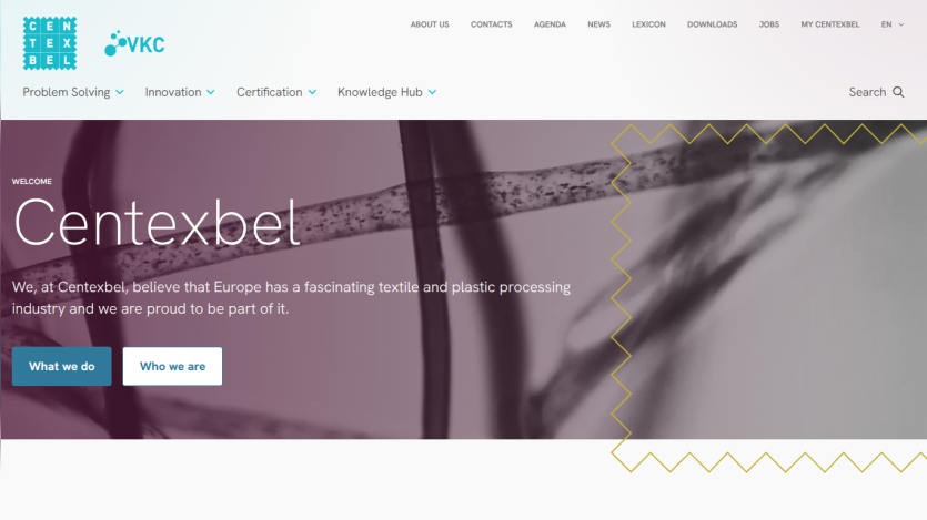 Centexbel homepage with navigation and hero section about textile and plastic processing industry in Europe.