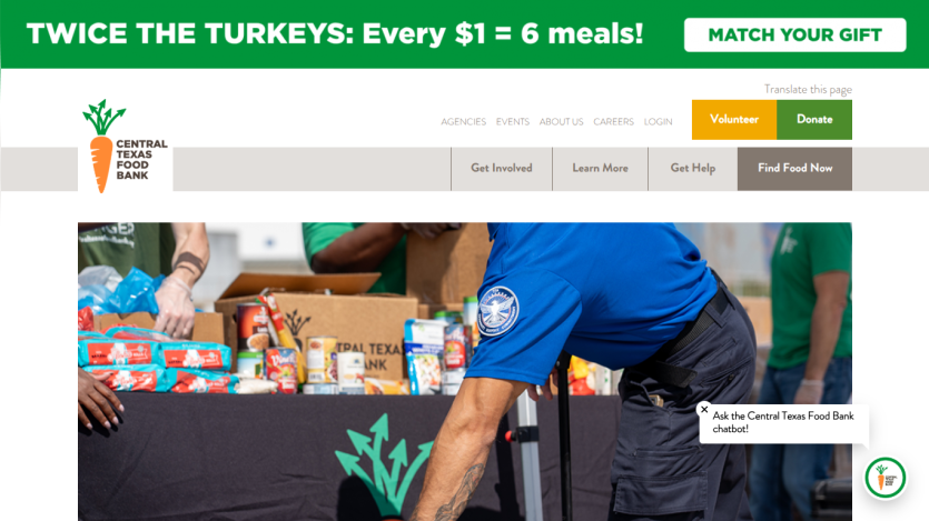 Central Texas Food Bank homepage with navigation, donation and volunteer buttons, and a hero image of food distribution
