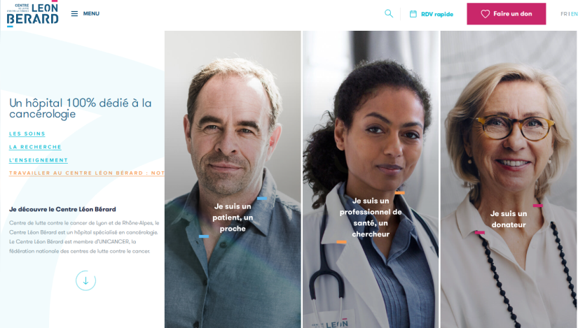 Homepage of Centre Léon Bérard cancer hospital with sections for patients, health professionals, and donors