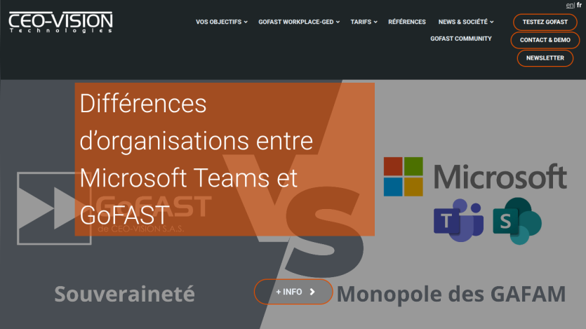 Website comparing organizational differences between Microsoft Teams and GoFAST with navigation and call-to-action buttons